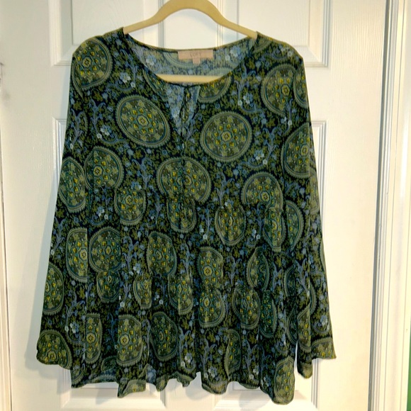 LOFT Tops - LOFT Geo Print Sheer Ruffle Tier Blouse Size Medium